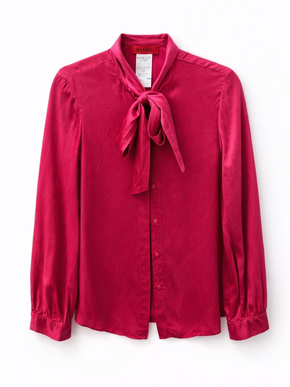 Max & Co 100% Silk Fuchsia Tie-Neck Satin Blouse